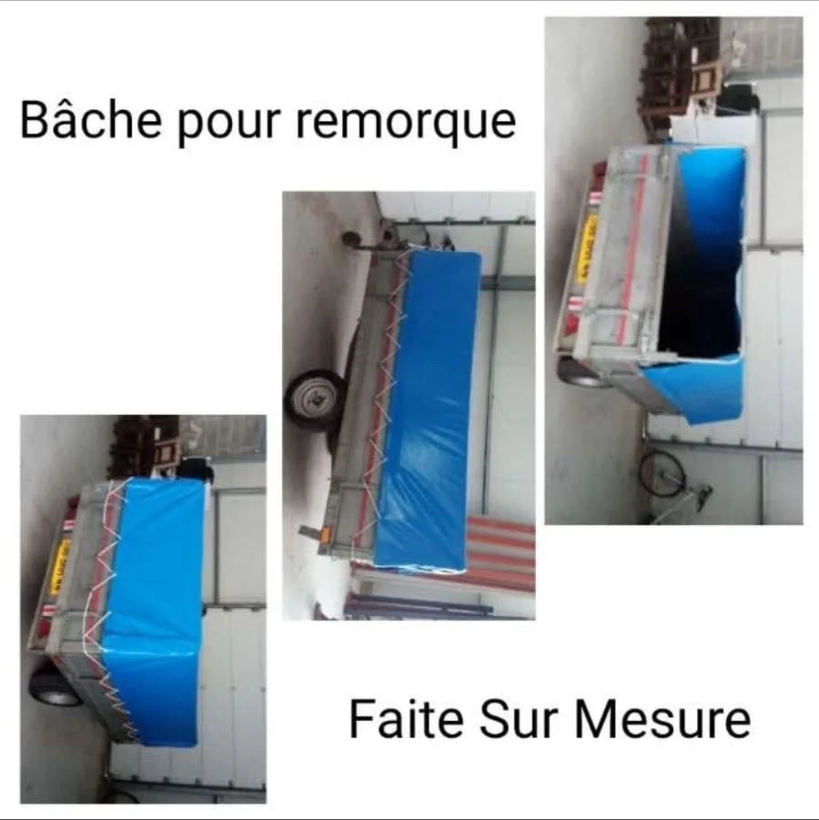 Bâche de remorque bleue faite sur mesure en toile PVC par Ets Reyberolle sellier garnisseur près de Nantes
