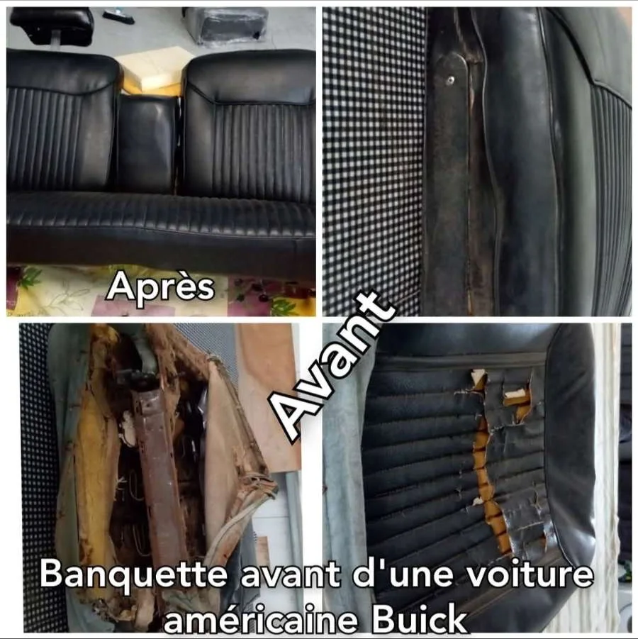Réfection de la banquette avant d'une voiture américaine Buick en cuir noir, avant/après, par Ets Reyberolle sellier garnisseur 44