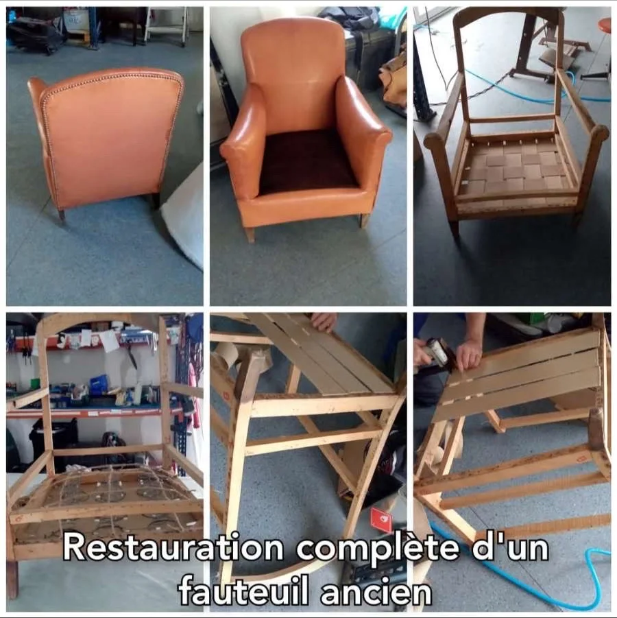 Restauration complète d'un fauteuil ancien en cuir cognac, de la carcasse bois au garnissage, par Ets Reyberolle sellier près de Nantes