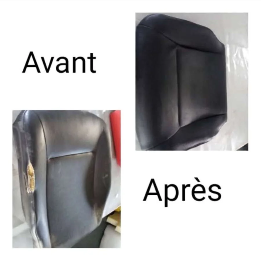 Réparation d'un siège auto en cuir noir déchiré, avant/après, par Ets Reyberolle sellier garnisseur 44