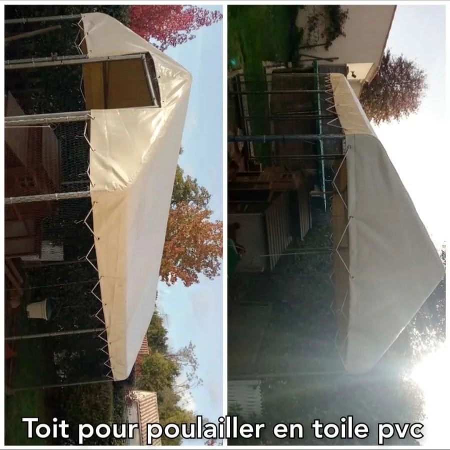 Toit de poulailler réalisé en toile PVC blanche sur mesure par Ets Reyberolle, travail de la toile en Loire-Atlantique
